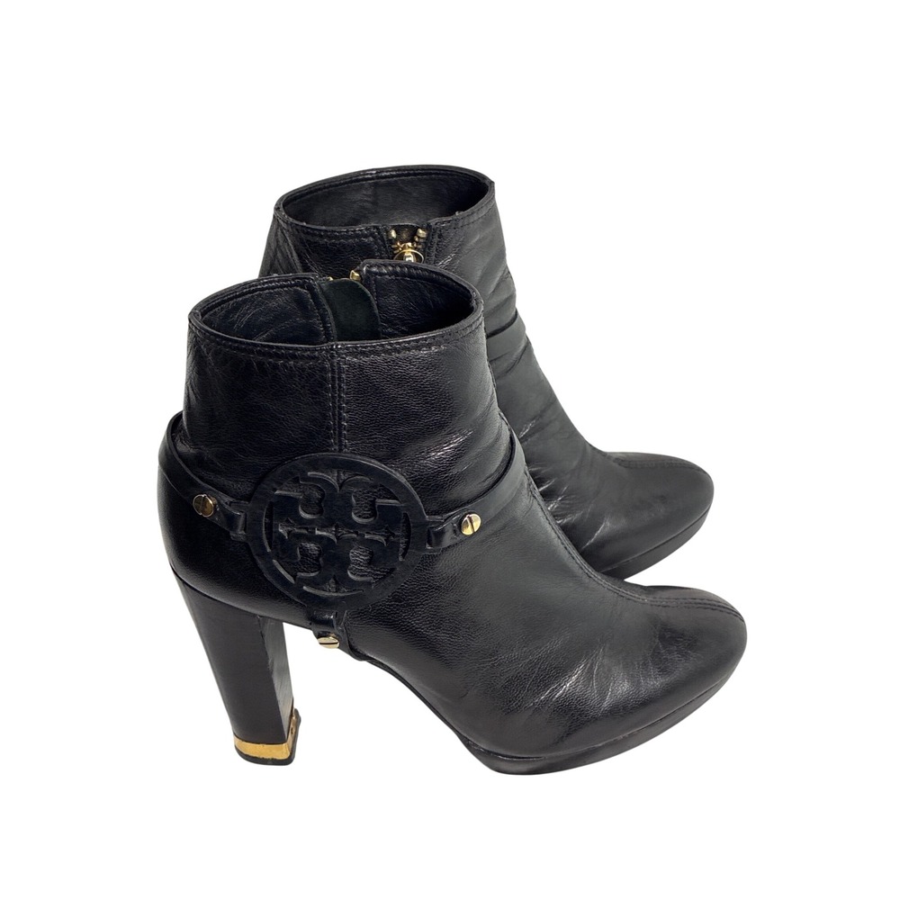 Tory Burch Black Leather Reva Logo Platform Block Heel Ankle Boots Size 8M